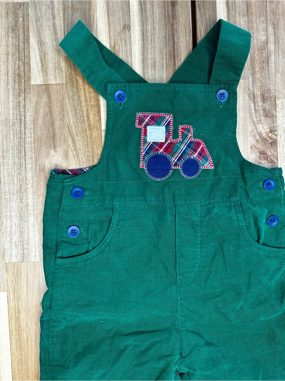 Florence Eiseman Green Corduroy Overalls with Plaid Truck
